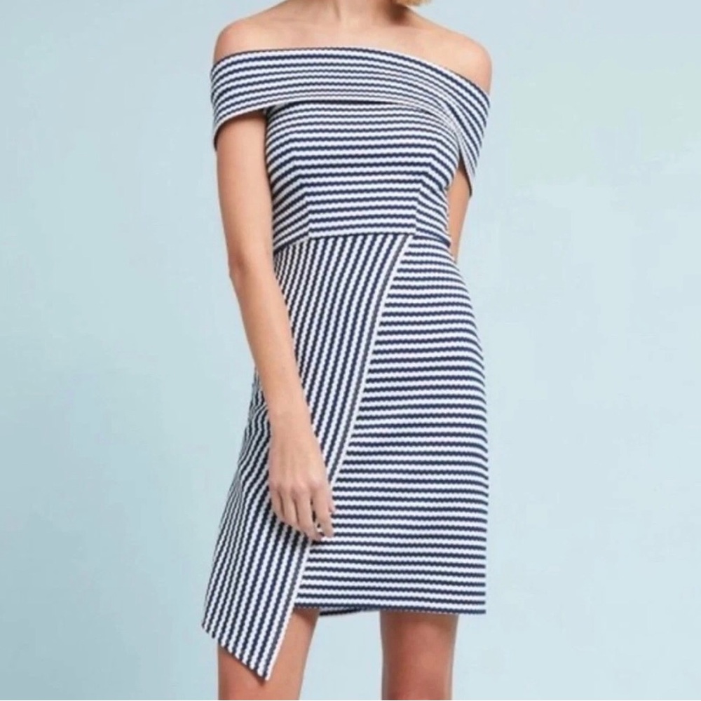 Hutch Off Shoulder Dress Size S Blue White Striped Knit Asymmetrical Nautical